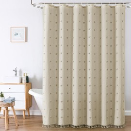 LilyCat - Cortina de ducha de tela beige estilo bohemio, 72 x 78 pulgadas, plisada, con borlas texturizadas, bonita cortina de ducha rústica clásico para baño, juego de cortinas de ducha de tela
