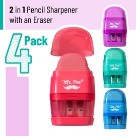 Mr. Pen- Pencil Sharpener & Eraser, 4 Pack, Colorful Erasers, 2 Sharpening Holes, Manual Pencil Sharpener
