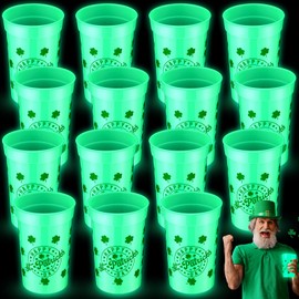FillTouch 12 Pcs Glow St.patrick's Day Shamrock Cups St.patrick's Day Party Supplies 16 oz St. Patrick's Plastic Cups for Drink St. Patrick's Day Party Favors for Nighttime Party Supplies(Green)