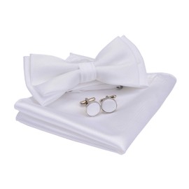 GUSLESON Mens White Bow tie Wedding Pre-tied Solid Bowtie and Pocket Square Cufflink Sets (0577-16)
