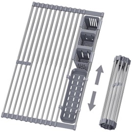 LIONONLY Expandable Roll Up Dish Drying Rack, 304 Stainless Steel Over The Sink Dish Drainer Rack, Foldable Rollable Kitchen Sink Rack with 2 Removable Utensil Holder 12.59”-12.59”to 23.22”