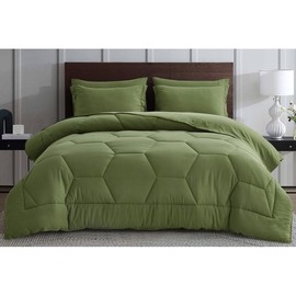 TRP 7 Piece Lightweight Pretty Honeycomb Geometric Stitch Pattern Fall Comforter Set Full/Double Size | All Seasons Olive Sage Green Color Aesthetic Bedding Warm Plush Soft Luxury Farmhouse Look
