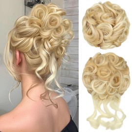 RONTAYA 2PCS Messy Bun Hair Piece Wavy Curly Synthetic Updo Chignon Fake Scrunchies Ponytail Extension for Women Dirty Blonde