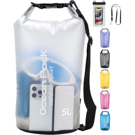Bolsa Impermeable, Bolsa Seca 20l 10l 5l Con Funda Impermeable Para Teléfono, Correa Larga Ajustable Para El Hombro,Mochila Impermeable Para Deportes Acuáticos Y Senderismo (Blanco, 5L)