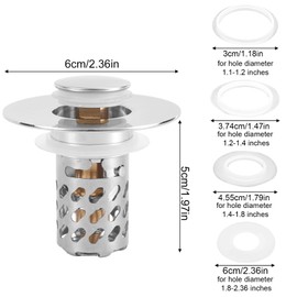 Bathroom Sink Stopper, Pop up Sink Plug Replacement with 3 Sizes Removable Strainer Basket Anti Clog Floor Drain Filter for 1.1-2.36 Inch Kitchen Bathroom Bathtub Sinks Parts Accessories