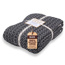 Gold Case Throw Blanket for Bed – 100% Recycled Turkish Cotton Bed Blanket – Decorative Throw Cotton Blankets for Living Room & Bedroom – Woven Twin Blankets - 71x90 - Black