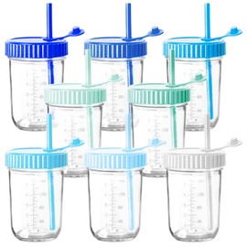 Youngever Glass Drinking Cups, 8 Pack, 8 oz, Leak Proof, Coastal Colors, Mason Jars with Straws and Airtight Lids