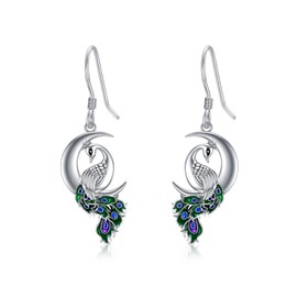 Peacock/Red Cardinal Bird/Hummingbird Moon Dangle Earrings 925 Sterling Silver Crescent Half Moon Drop Dangling Earrings Jewelry Gifts for Women, Sterling Silver, No Gemstone