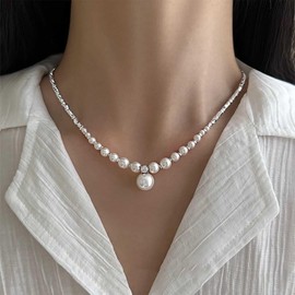 Vacaonio Boho Crystal Pearl Choker Necklace Silver Pearl Necklace Bridal Pearl Pendent Necklace Pearl Cz Necklace White Pearl Collar Necklace Jewelry for Women