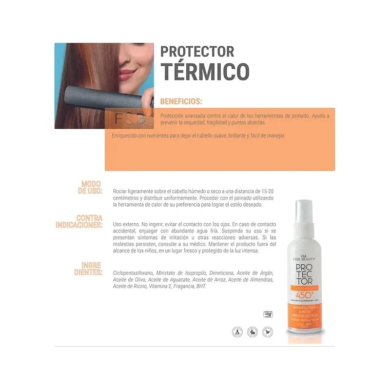 Termo Protector De Cabello 450° F Free Beauty Repara Protege