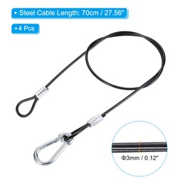 PATIKIL Stainless Steel Safety Cable 27.6"/70cm, 4Pack 3mm Flexible Security Wire Rope Lock Double Loops with Hook for Stage Lighting Luggage, Black