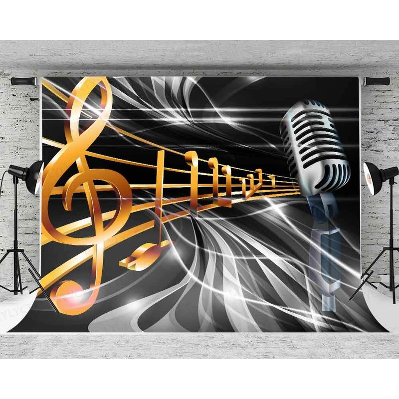 Microphone Music Note Photography Backdrop, Polyester, 9x6ft