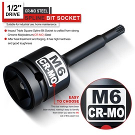 KIRXST Impact Triple Square Spline Bit Socket, 1/2" Drive M6 Spline Bit Socket, CR-MO Steel