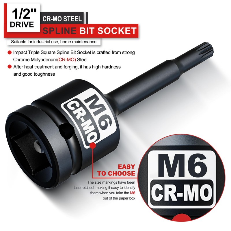KIRXST Impact Triple Square Spline Bit Socket, 1/2" Drive M6