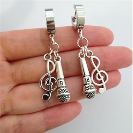 Music Note and Microphone Dangle Small Hoop Earrings, Original Stainless Steel Ear Clip for Man Woman, Music Lover Jewelry