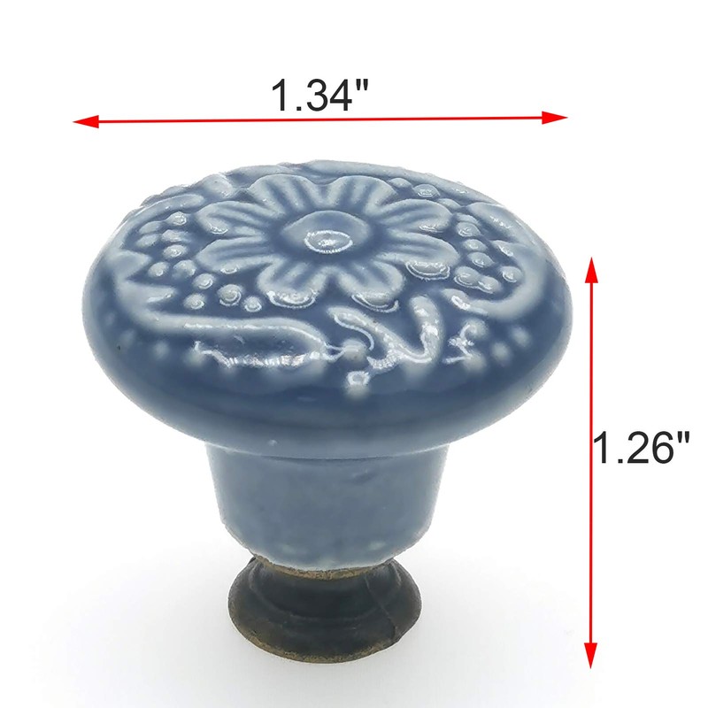 M MIMHOOY 6 Pcs Ceramic Blue Drawer Knobs Vintage Flower