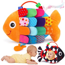 Baby Sensory Tummy Time Toys 0-6 Months Music Fish Toy for Infant 3 4 5 6 Month High Contrast Newborn Toy with Mirror Crinkle Rattle for 3-6 6-12 Month Baby Boy Girl Shower Gift Easter Basket Stuffers