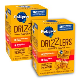 Pedigree Drizzlers for Dogs, Wet Dog Food Gravy Savory Sauce Multipack, 60g Dual-Serving Pouch, 16 Count, Pack of 2 (32 Pouches, 64 Servings Total)