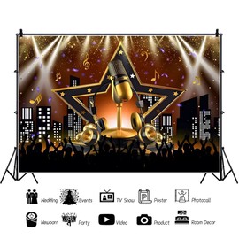 CSFOTO 7x5ft Microphone Backdrop 80s Nightclub Ballroom Disco Photography Background Star Night Vintage Microphone Spotlight Stage Party Background Birthday Ball Decorative Props