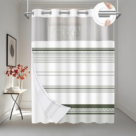 AXURXUI No Hook Shower Curtain and Snap in Liner Set, Modern Boho Green Striped Bath Curtain for Bathroom Decor, Hotel Style Design, Double Waterproof and Washable, 71"x74"