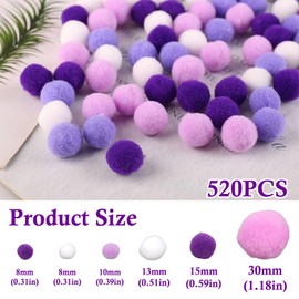 Prmape Pompoms for Crafts, Pack of 520 Felt Balls, Colourful, 10 - 30 mm, Soft Shaggy Pompoms Balls, Fluffy Pom Poms, Purple Colourful Pompoms, Pompom Balls Large for Decorations, Crafts, DIY