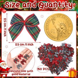 Chuangdi 150 Pcs Christmas Mini Plaid Ribbon Bows Buffalo Plaid Bows Ribbon Bow Appliques DIY Craft for Sewing, Scrapbooking, Wedding, Christmas Tree Gift Decorations (Classic)