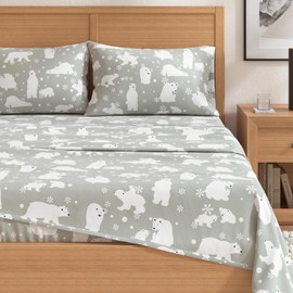 Flannel Sheet Set Full Size - 100% Turkish Cotton, Double-Brushed, Winter Bed Sheets - Ultra-Soft, Cozy, 4-Piece Rustic Bedding Set (Grey Polar Bears)