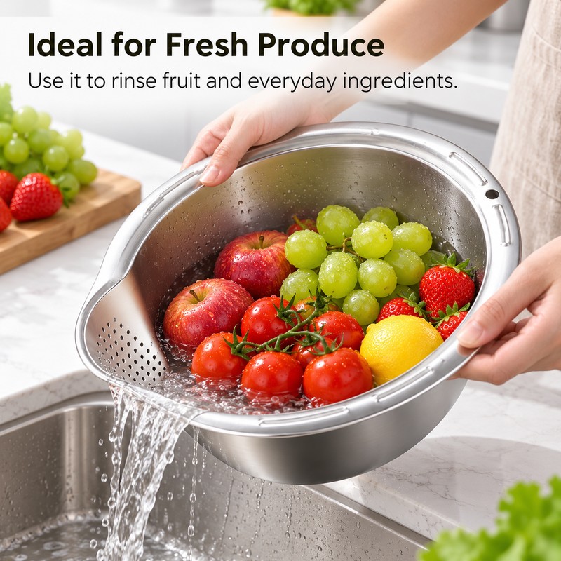 Stainless Steel Rice Washing Bowl with Strainer for Rice, Fruits