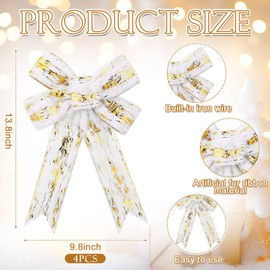 Soulchen 4 Pcs Christmas White and Gold Wreath Bows 9.8 * 13.8 Inch Large White Faux Fur with Gold Metallic Wired Ribbon Bows for Christmas Tree Home Outdoor Indoor Decor Gift Wrapping Holiday Decor