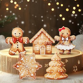 Threehoney 5 Pcs Gingerbread Christmas Decorations Indoor Cute Gingerbread Table Decorations Farmhouse Wooden Xmas Tiered Tray Decor House Sign Table Centerpieces for Party Office Home Shelf Fireplace