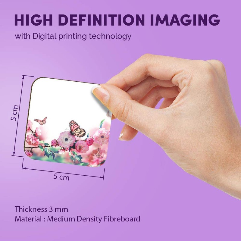 1 x Square MDF Fridge Magnet - Pink Flowers Butterfly