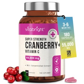 VitaBright Cranberry Tablets with Natural D-Mannose | 55,000mg | 180 Capsules | 3 Month Supply | Cranberry Supplements for Women with Vitamin C | No Added Sugar | High Strength Extract