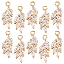 BENECREAT 10Pcs Real 18K Gold Plated Brass Leaf Charm, Cubic Zirconia Wheat Charms for DIY Jewelry Making Findings, Hole: 1.2mm
