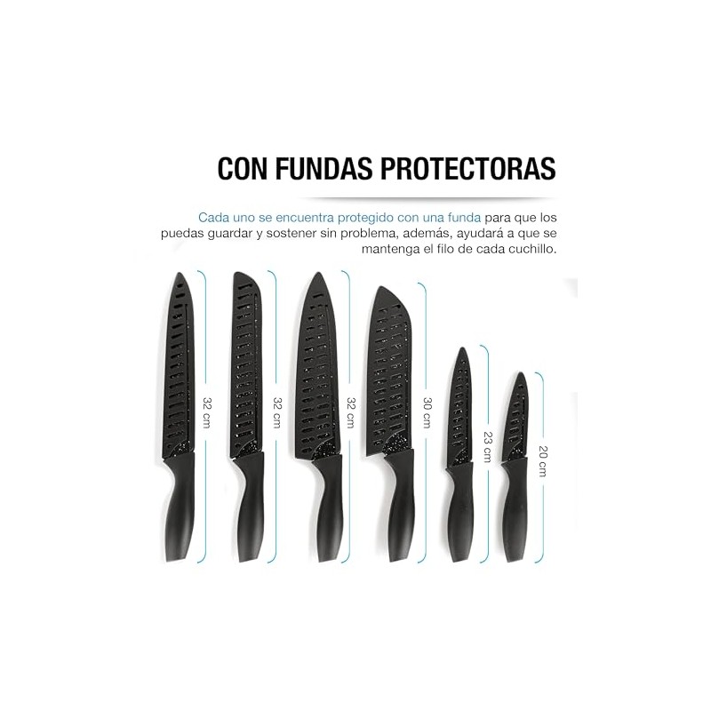 Casa Litus Cuchillos de Cocina Negros Acero Inoxidable 6 Piezas
