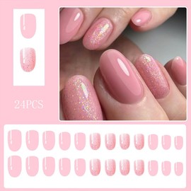 Short Press on Nails Nude Pink Fake Nails Oval Shaped Glue on Nails Pure Color Glossy False Nails with Glitter Designs Acrylic Nails Press on Cute Natural Stick on Nails for Women 24Pcs