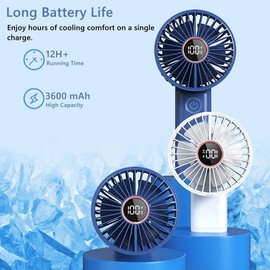 Fioyal Mini Portable Fan, Powerful Handheld Fan Rechargeable with LED Display, Hand/Desk/Neck 3 In 1 Personal Fan with 6 Speed and 180° Foldable, Quiet for Travel Beach Lash Indoor Outdoor(White)
