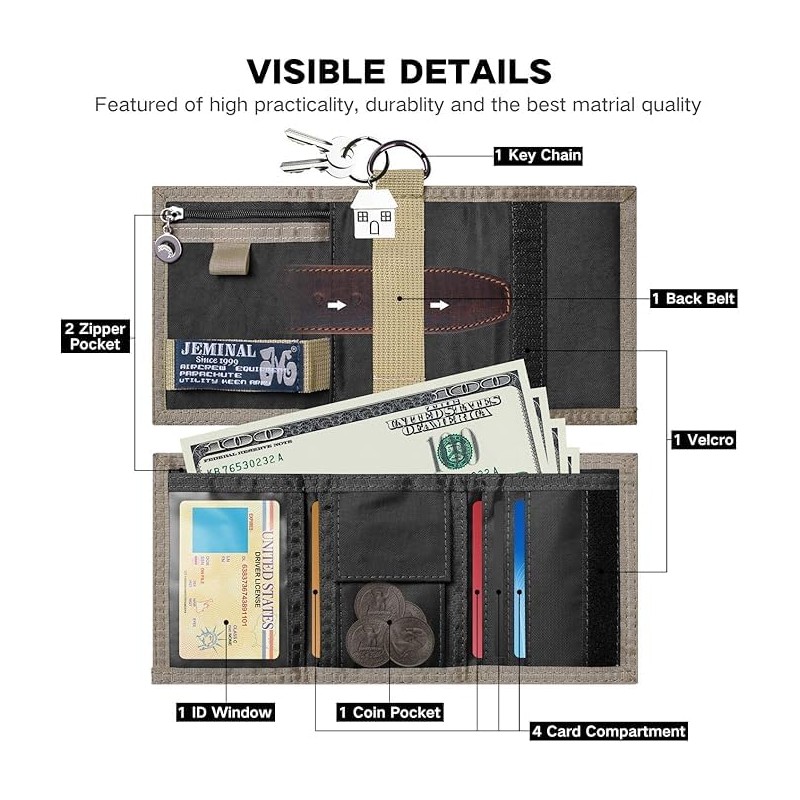 JEMINAL Trifold Wallet for Men Canvas Outdoor Sports Keychain Wallet