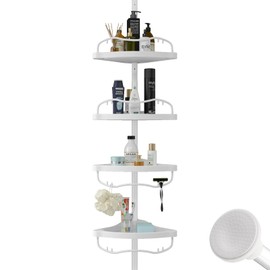 BsBsBest Corner Shower Caddy, 56-125 Inch Shower Organizer, 4 Layer Plastic Shower Shelves with Rustproof Steel Pole, Tension Pole Shower Caddy, Shower Storage and Shower Caddy Drill Free, White