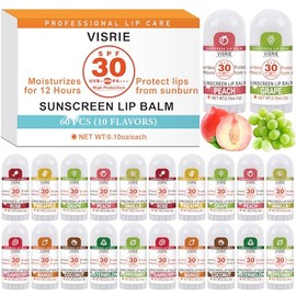 VISRIE Bálsamo Labial Con Protección Solar Spf 30, Paquete De 60 Unidades, Protector Solar Labial De Amplio Espectro Uva/Uvb Con Vitamina E Y Aceite De Coco - 10 Sabores