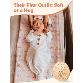 Baby Knotted Gown 3 Packs, Breathable Pajamas Going Home Outfit Clothes Newborn Girl Boy, Infant Announcement Sleepers 0-3 Months Set with Mittens, Hats, Headbands & Wooden Name Sign