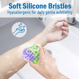 2-in-1 Silicone Body Hair Scrubber, Upgraded Bristles Exfoliating Massage Shower Body Scrub Bathing Brush for All Skin, No-Slip Ergonomic Handle Exfoliator Silicone Loofah Easy Clean(1PC Purple+Green)