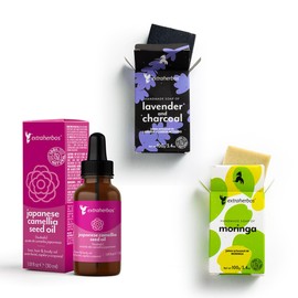 Extraherbos Kit Antiacné 3-en-1 - Aceite de Camelia, Jabón de Carbón y Lavanda, Jabón de Moringa, 3 pzas