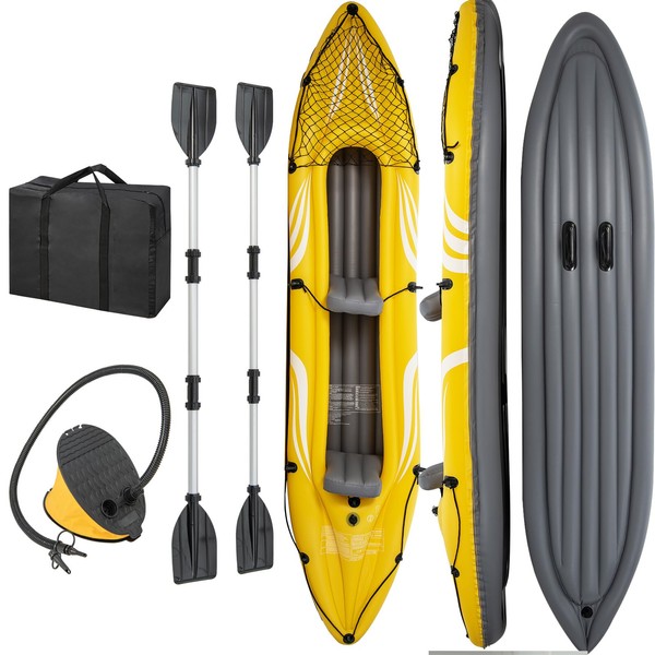 GYMAX Inflatable Kayak for 2 People with Removable Seats, 357 x 80 x 38 cm, Load 160 kg PVC Inflatable Canoe with 2 Aluminium Rows and Foot Pump, Carry Bag for River Lake