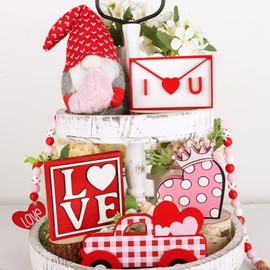 Treory Valentines Day Tiered Tray Decor 6pcs, Valentines Day Decor with Gnomes Bead Garland Wooden Heart Valentines Table Signs Valentines Day Decorations for The Home (Tiered Tray NOT Included)