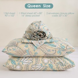 JSD Beige Paisley Cotton Sheet Set Queen Size, 300 TC Printed Sateen Bed Sheets Deep Pocket, Soft Breathable Wrinkle Free