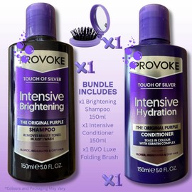 Provoke Touch Of Silver Purple Shampoo & Conditioner Set (150ml x2) with Travel Brush – Brightens Blonde, Silver & Grey Hair Shampoo & Keratin Repair Conditioner for Brassiness