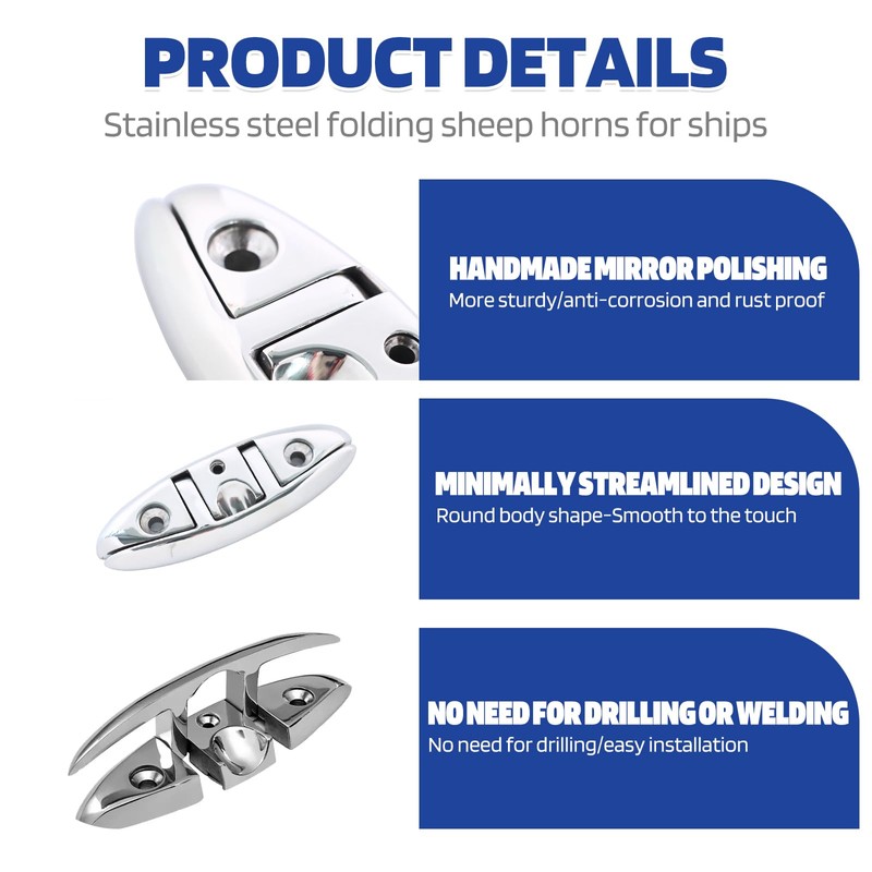 Pacify 2 Pack Folding Boat Cleats 316 Stainless Steel 4.5/5/6