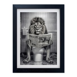 Black and White Bathroom Wall Art Lion in Toilet Decor Bathroom Picture Funny Animal Canvas Print Artwork