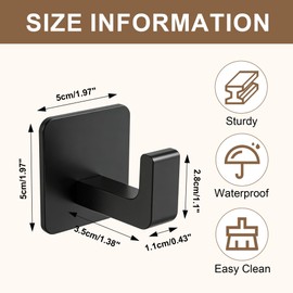 HOMNATURE 6 Pack Black Heavy Duty Adhesive Hooks, 26lb Max Waterproof Stainless Steel Adhesive Wall Hooks for Hanging, No Drill Sticker Hooks for Bathroom Kitchen Towels