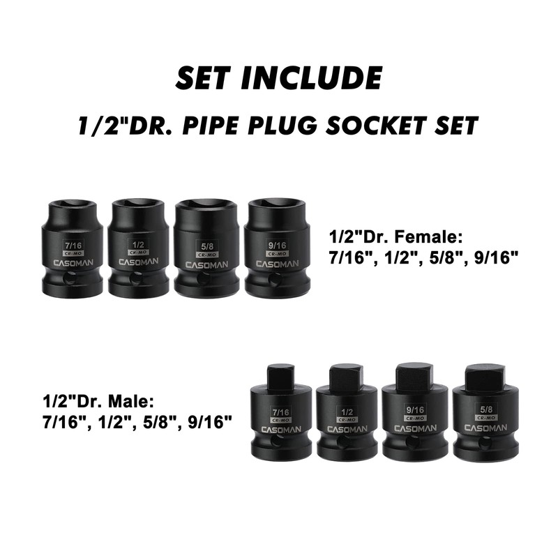 CASOMAN 8PCS 1/2-Inch Drive Pipe Plug Socket Set, Cr-Mo, SAE,